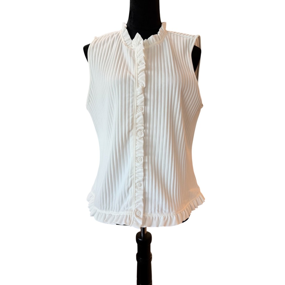Marc New York Andrew Marc Womens XL White Pleated Ruffle Neck Sleeveless Blouse